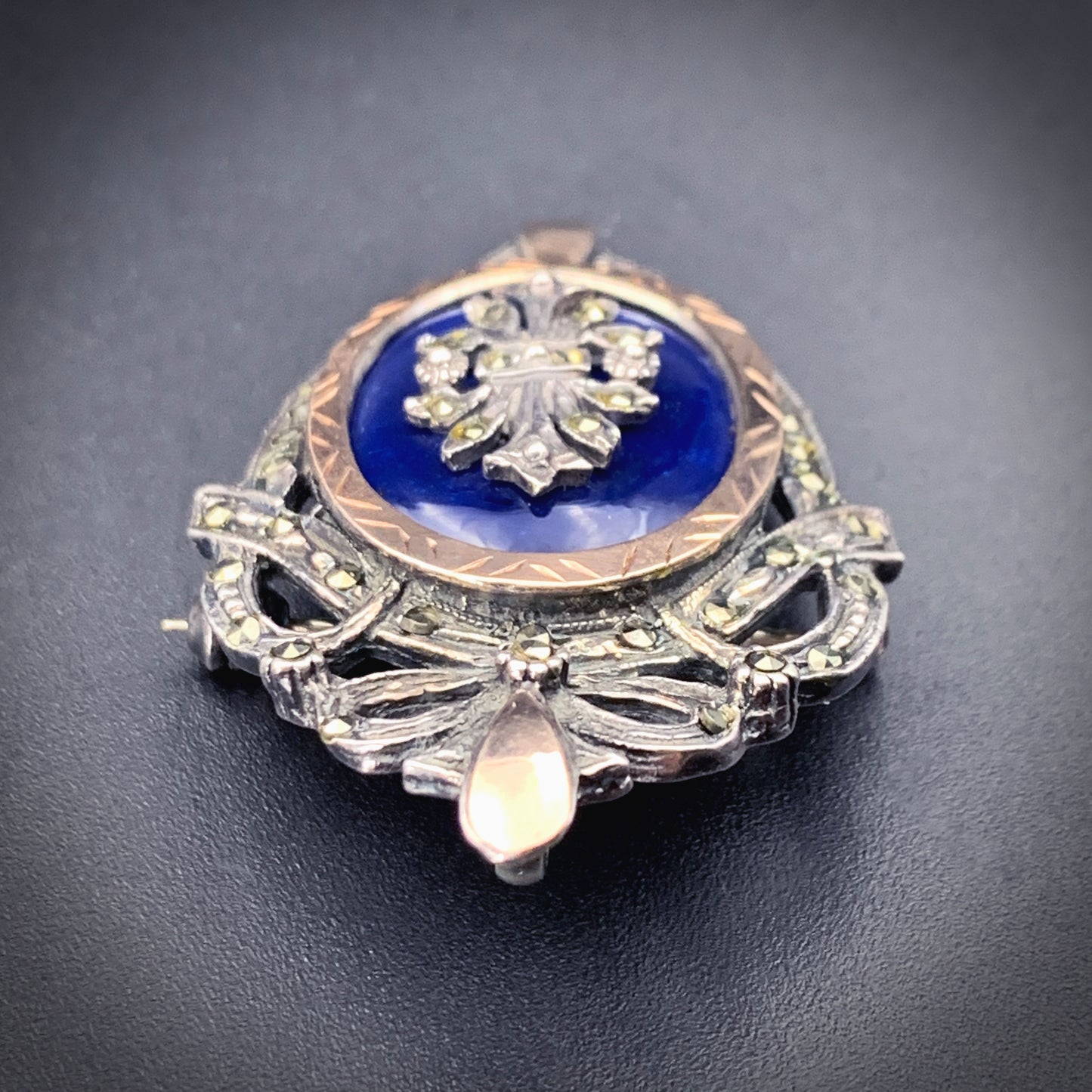 Antique 14K, Silver, Enamel & Marcasite Brooch
