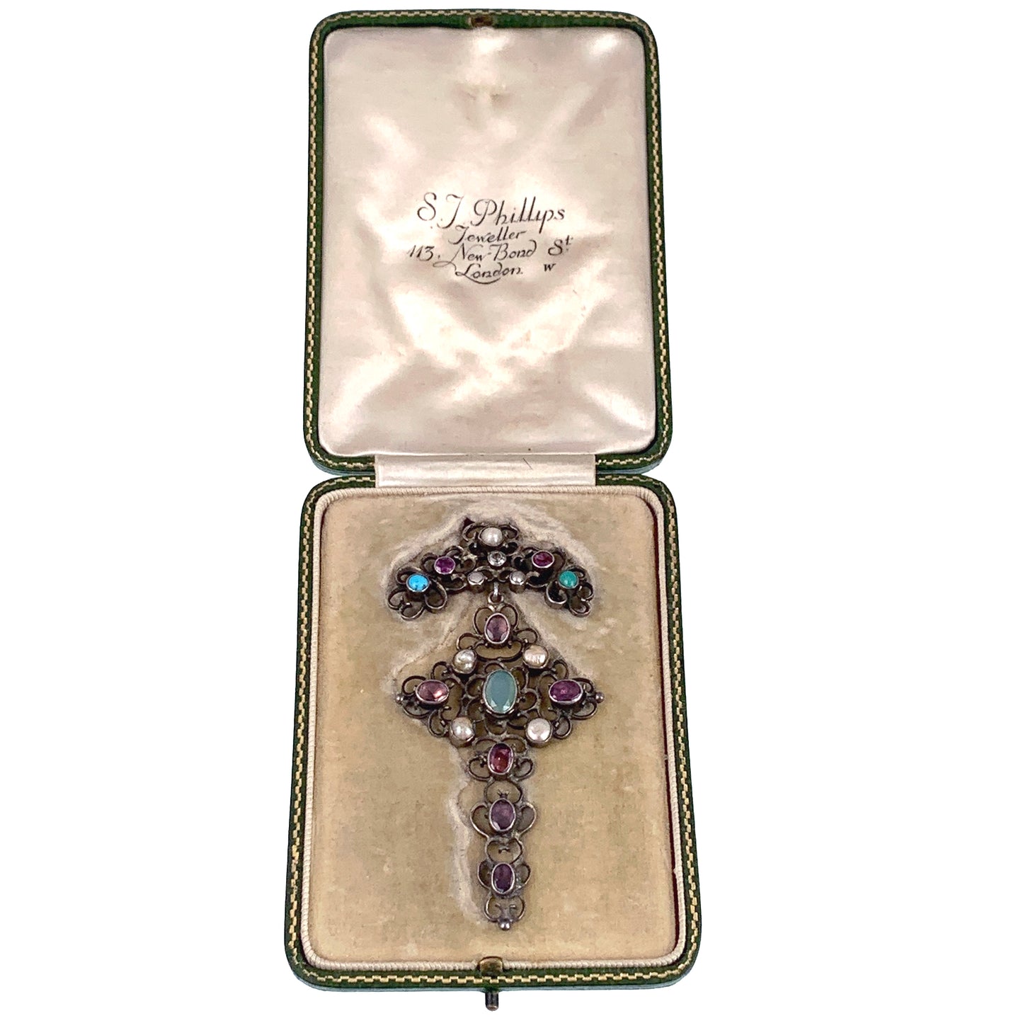 Antique Austro-Hungarian Silver & Multi-Stone Cross Pendant With Antique Box