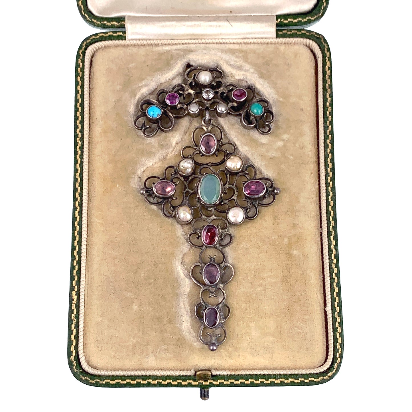 Antique Austro-Hungarian Silver & Multi-Stone Cross Pendant With Antique Box