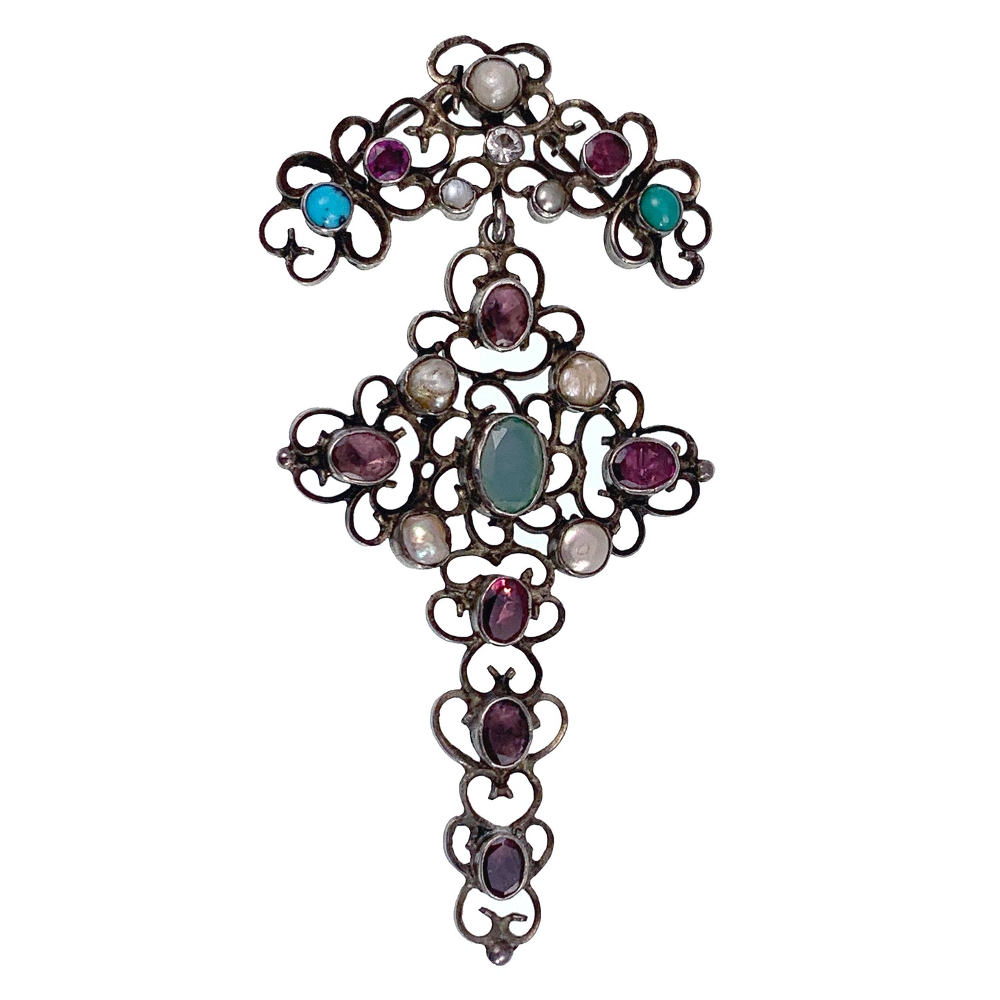 Antique Austro-Hungarian Silver & Multi-Stone Cross Pendant With Antique Box