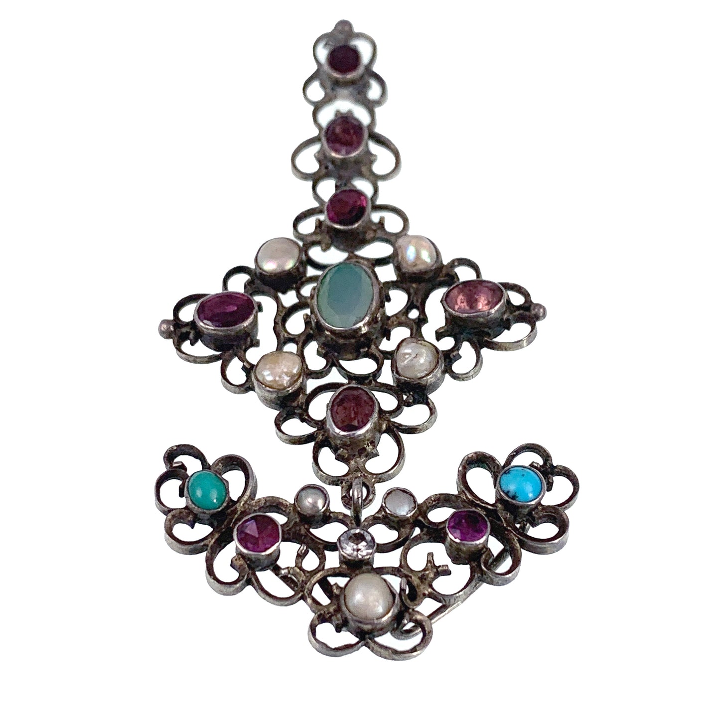 Antique Austro-Hungarian Silver & Multi-Stone Cross Pendant With Antique Box