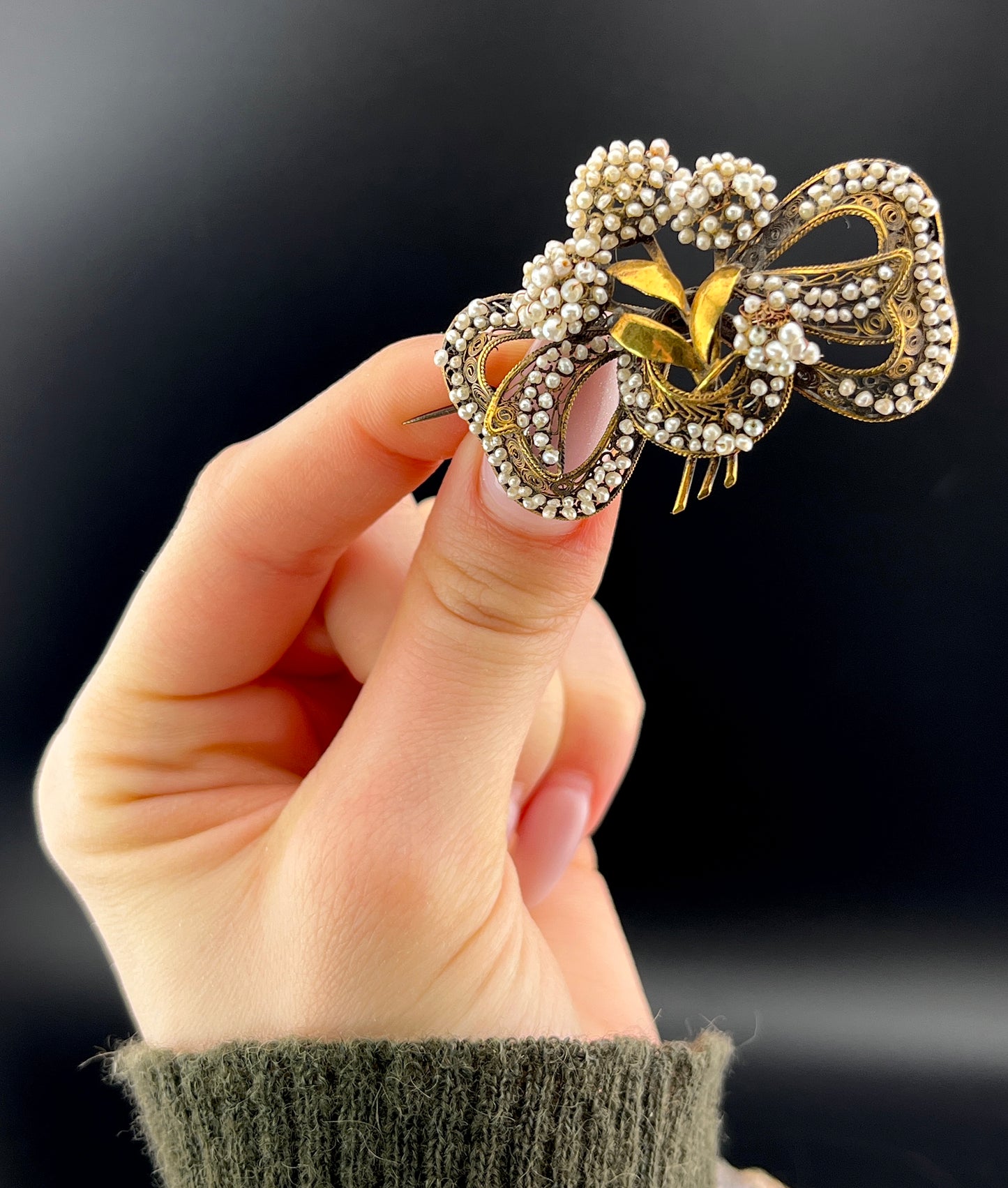 Antique 10K & Seed Pearl Floral Bow Brooch