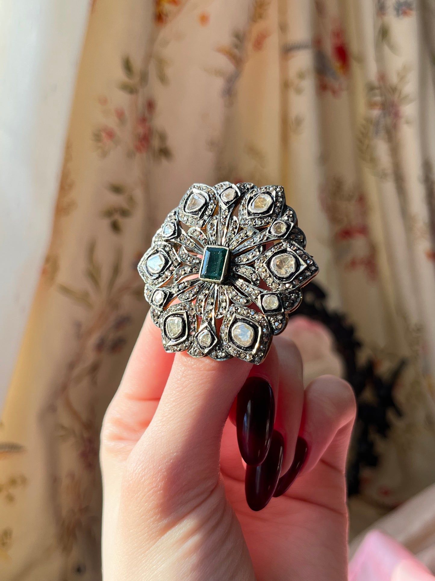 Antique Silver, Gilt, Polki Diamond & Emerald Brooch