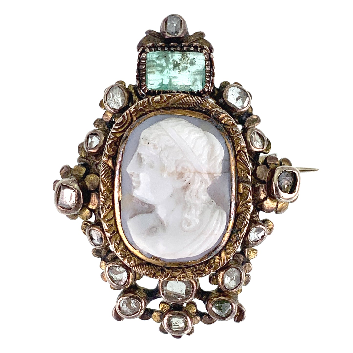 Sold--Antique 18K, Diamond, Emerald & Carved Hardstone Cameo Brooch