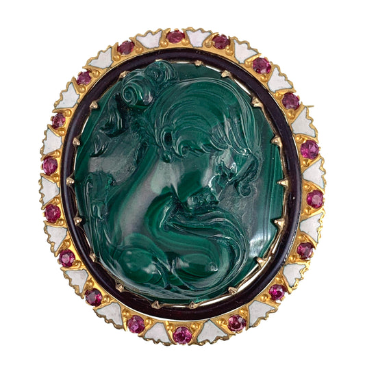 Antique & Vintage 14K, Ruby, Malachite & Enamel Cameo Brooch