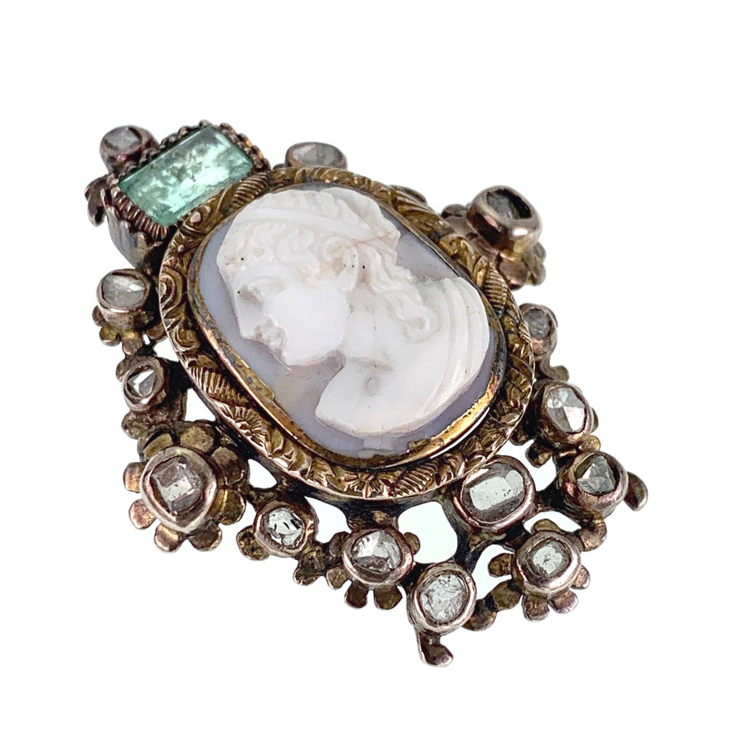 Sold--Antique 18K, Diamond, Emerald & Carved Hardstone Cameo Brooch
