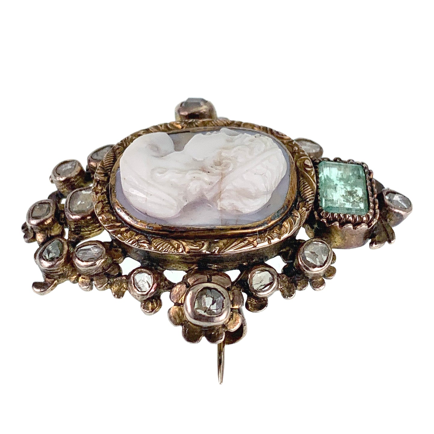 Sold--Antique 18K, Diamond, Emerald & Carved Hardstone Cameo Brooch