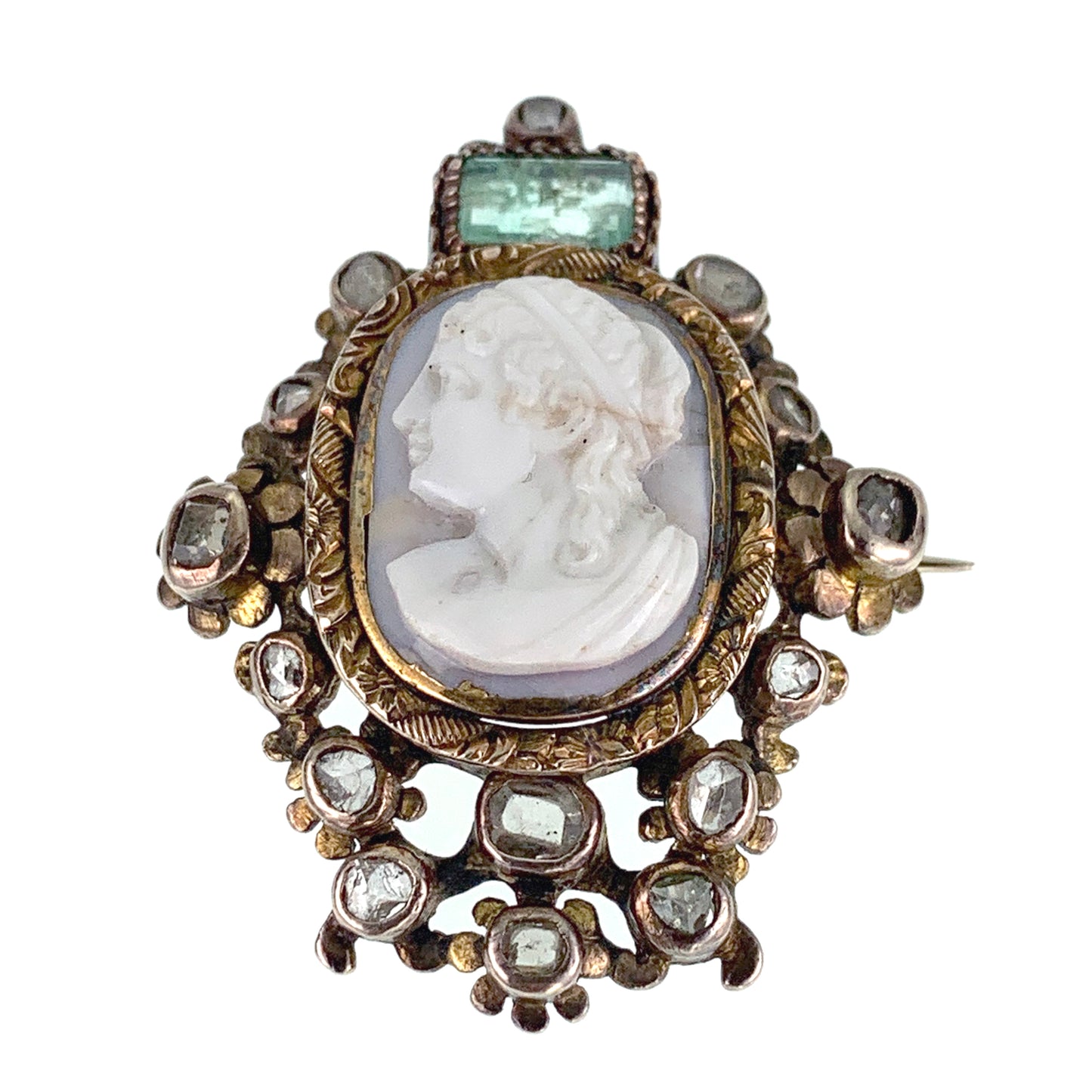Sold--Antique 18K, Diamond, Emerald & Carved Hardstone Cameo Brooch
