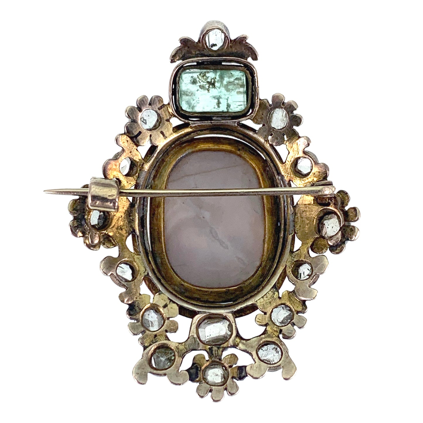 Sold--Antique 18K, Diamond, Emerald & Carved Hardstone Cameo Brooch