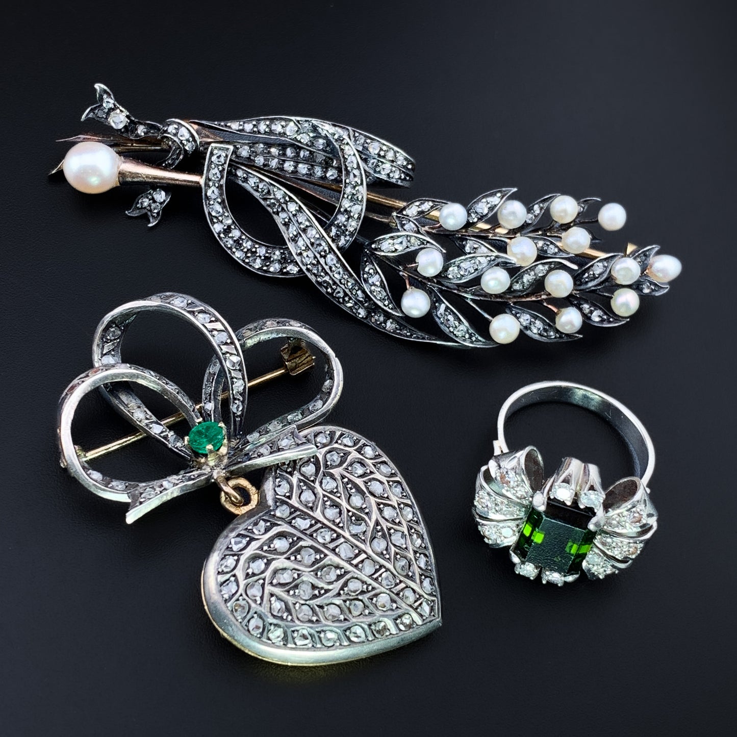 Antique 18K, Silver, Diamond & Pearl Wheat Brooch
