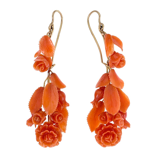 SOLD Antique French 18K & Carved Coral Rose Earrings