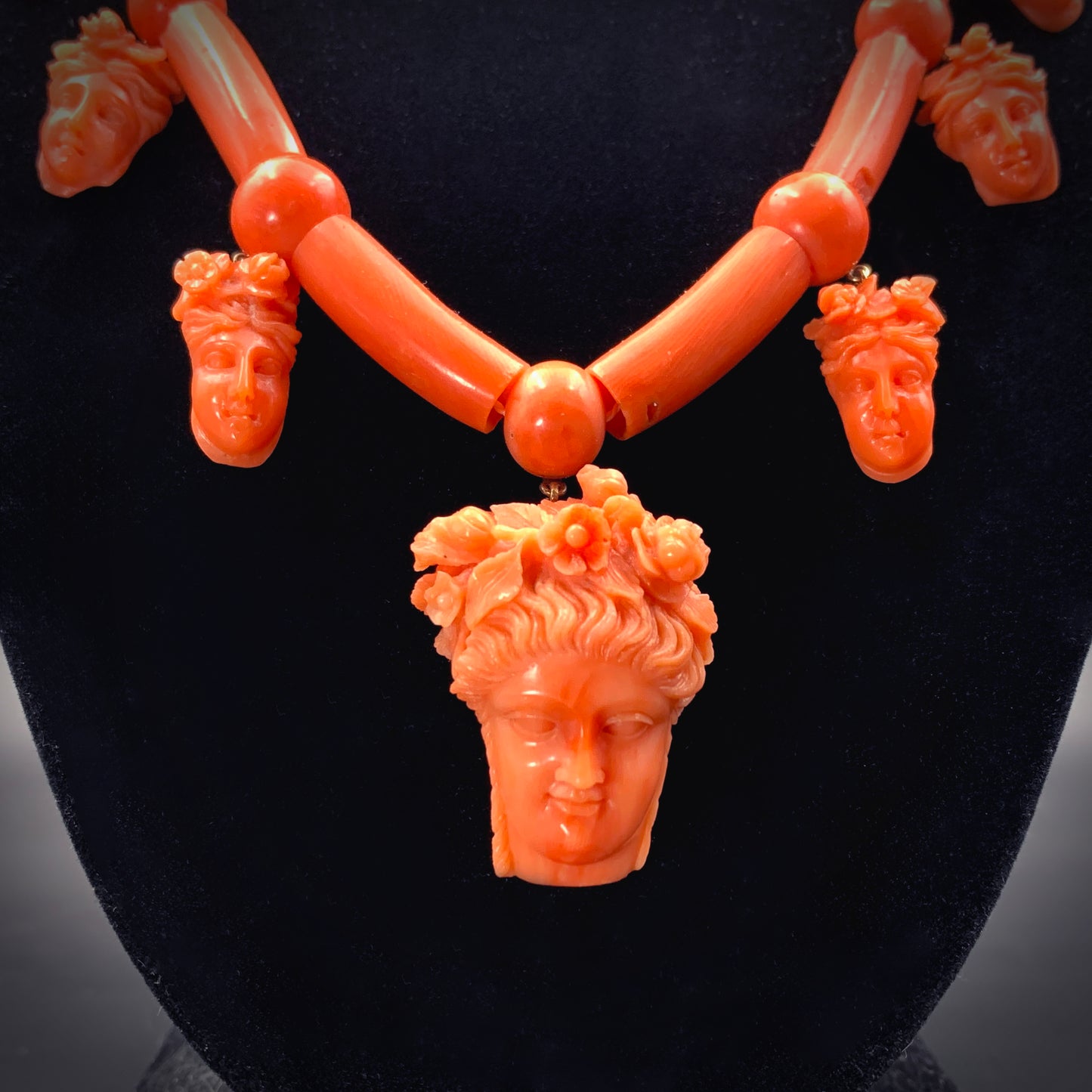 Antique 15K & Carved Coral Goddess Flora Necklace