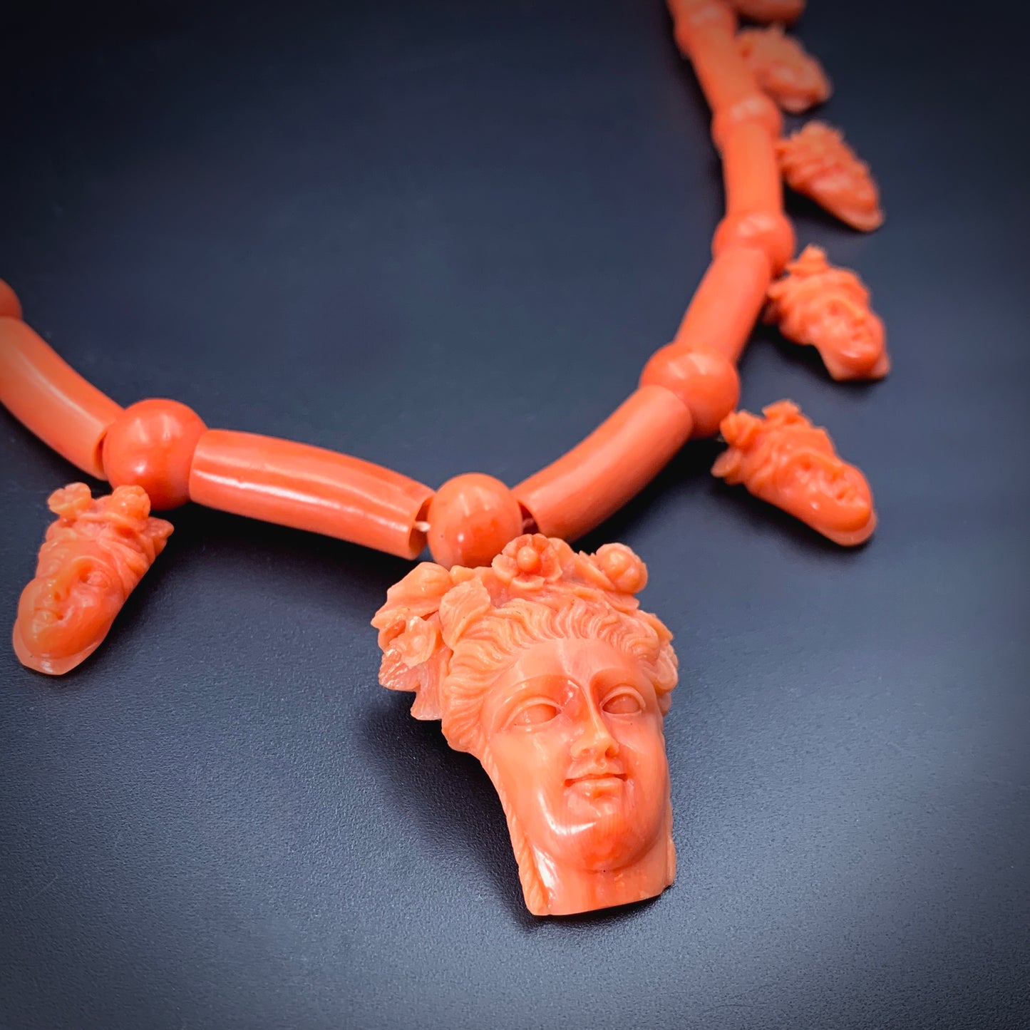 Antique 15K & Carved Coral Goddess Flora Necklace
