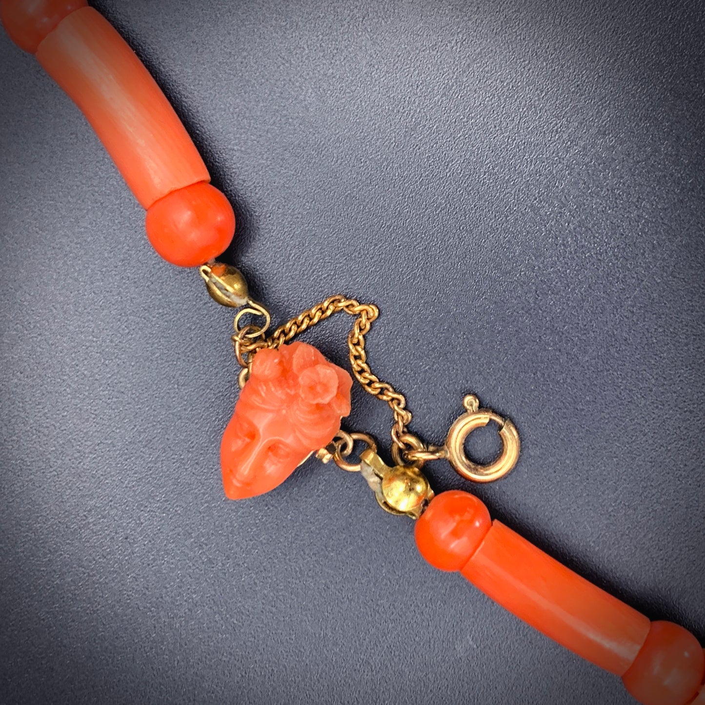 Antique 15K & Carved Coral Goddess Flora Necklace