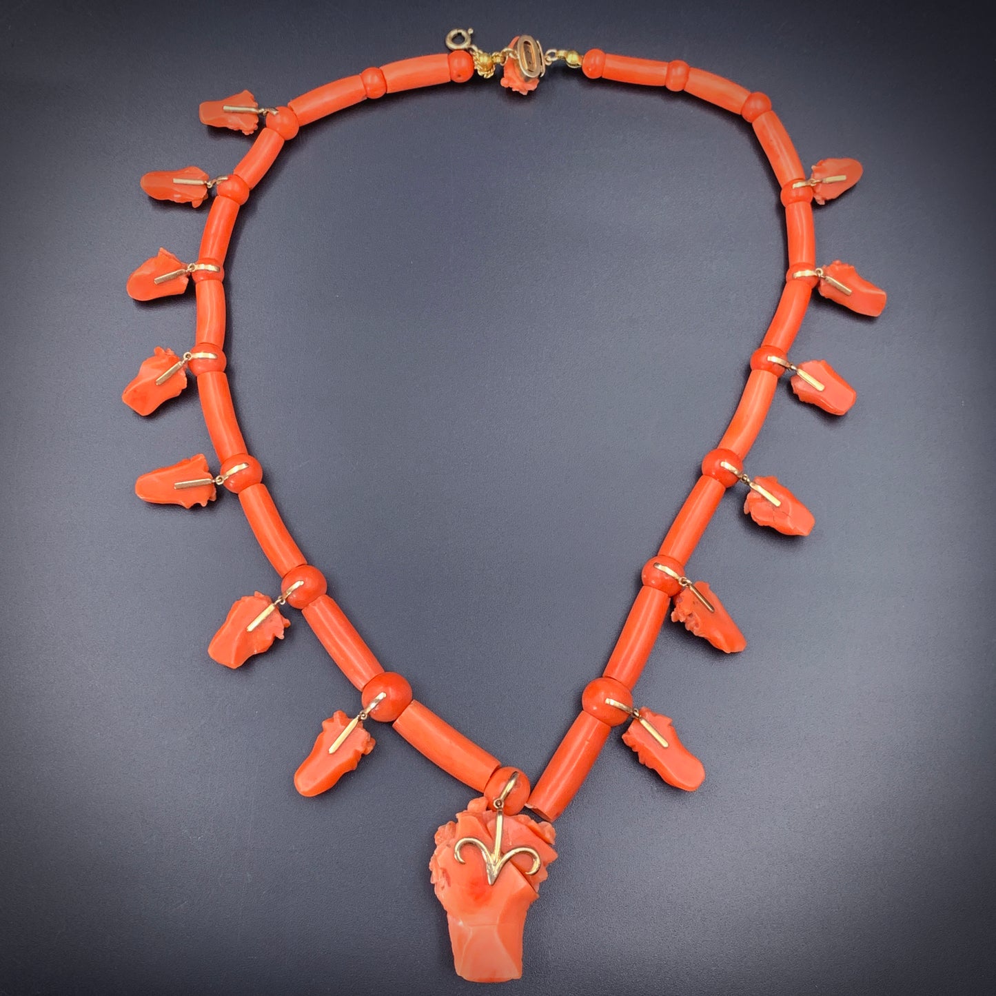 Antique 15K & Carved Coral Goddess Flora Necklace