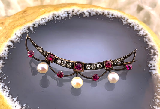 SOLD Antique 10K, Silver, Diamond, Ruby & Pearl Crescent Brooch