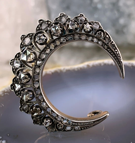 Antique French 18K, Silver & Diamond Crescent Brooch