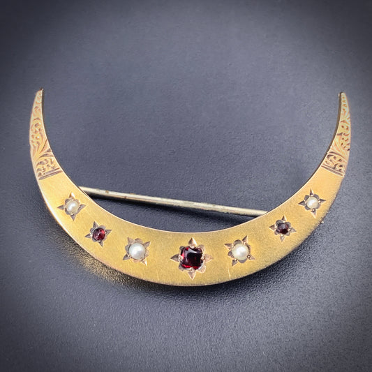 SOLD Antique 9K, Garnet & Seed Pearl Crescent Brooch