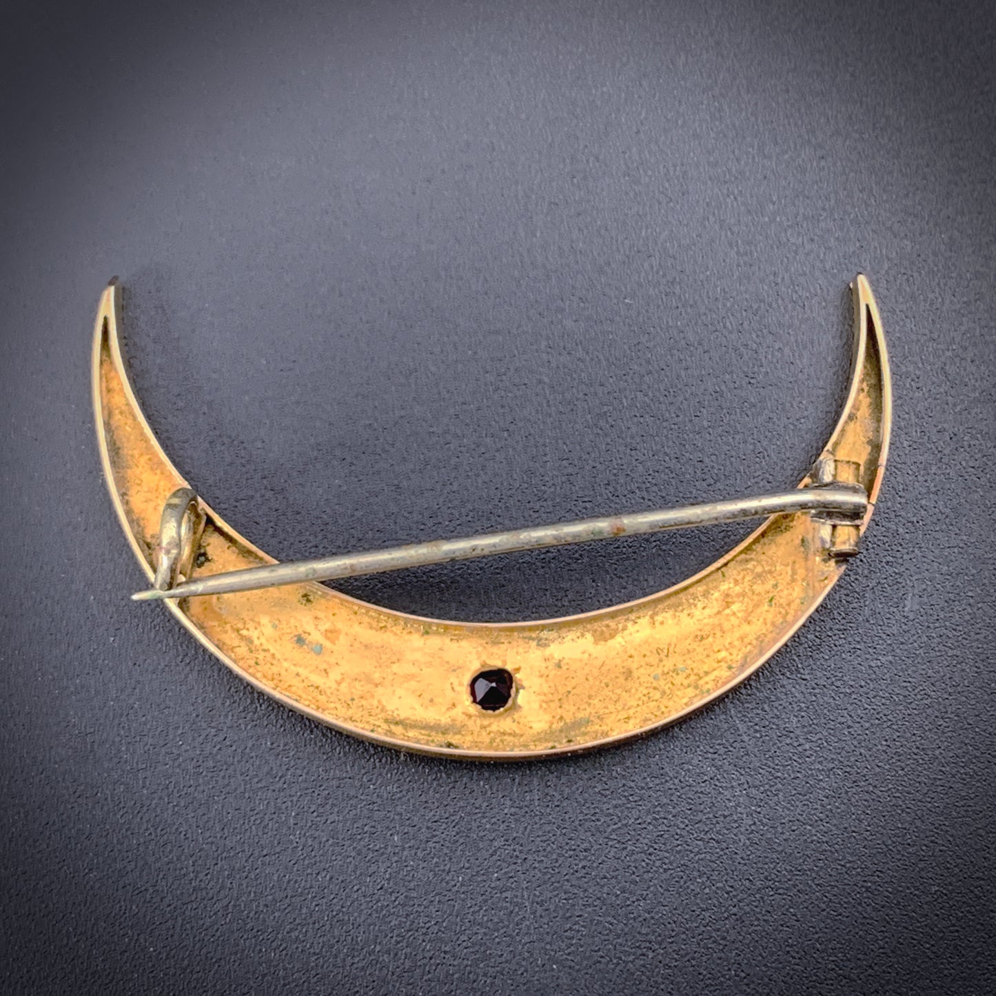 SOLD Antique 9K, Garnet & Seed Pearl Crescent Brooch