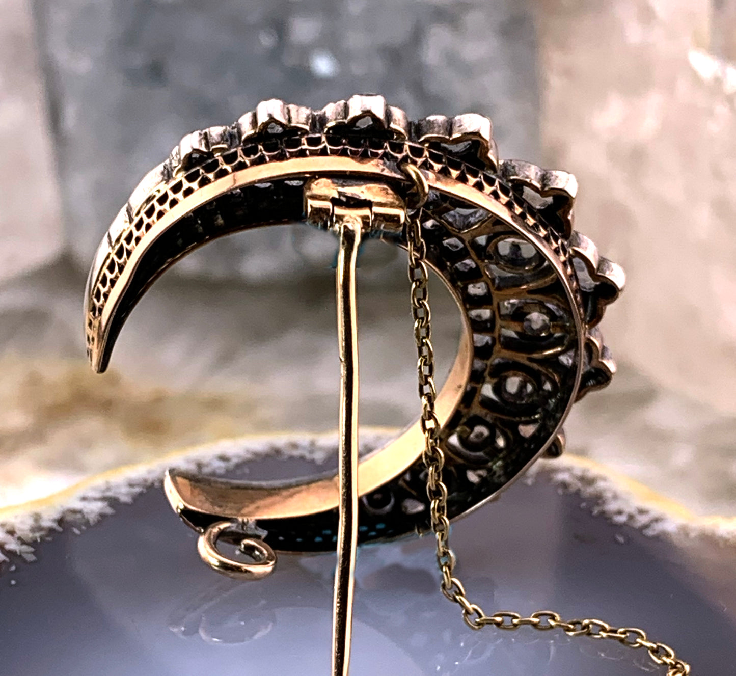 Antique French 18K, Silver & Diamond Crescent Brooch