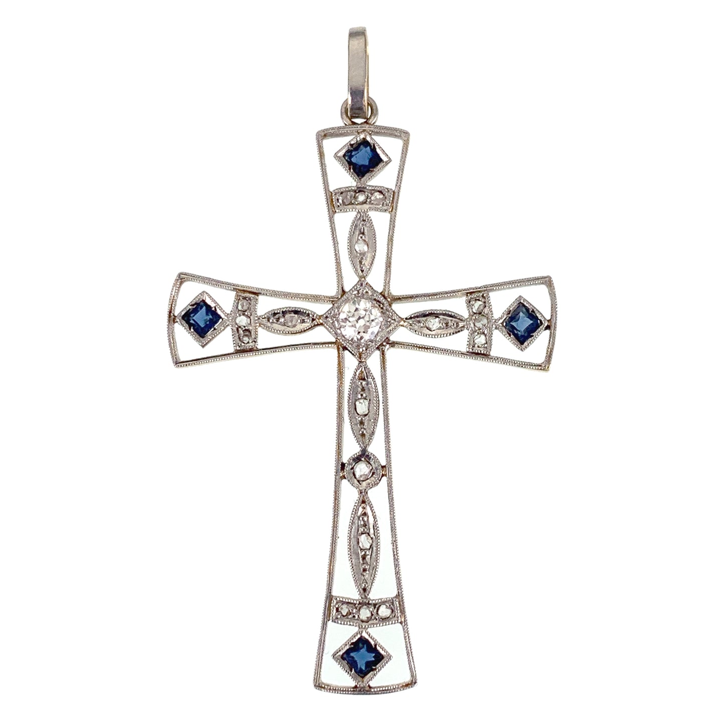 Art Deco 18K, Platinum, Diamond & Sapphire Cross Pendant
