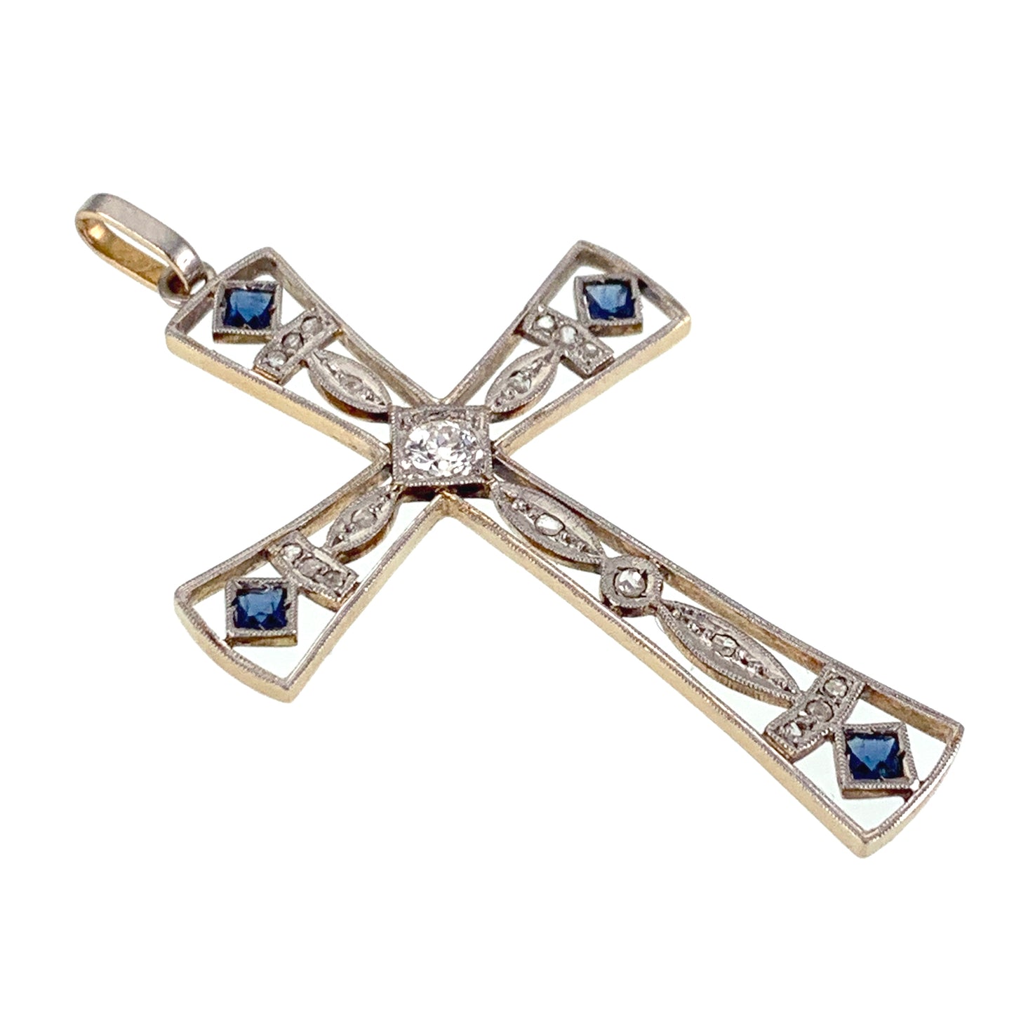 Art Deco 18K, Platinum, Diamond & Sapphire Cross Pendant