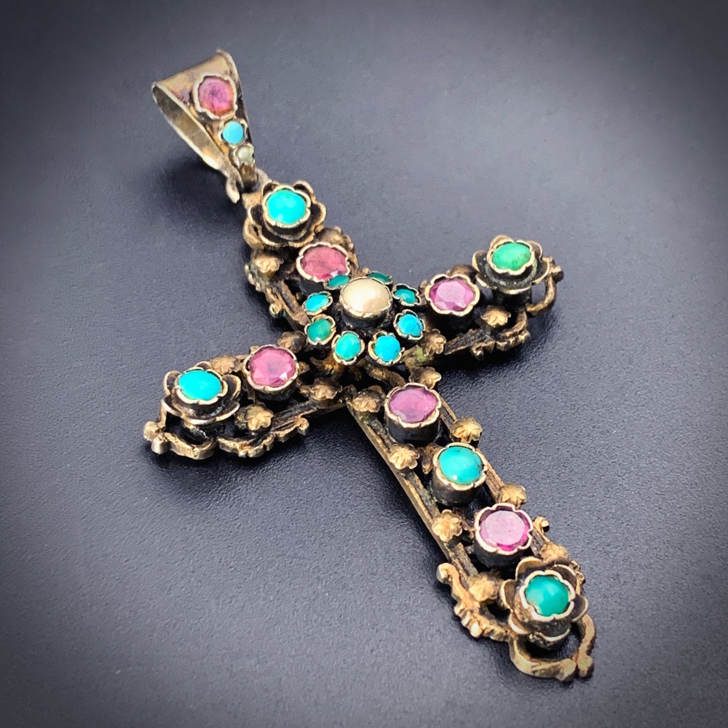 Antique Austro Hungarian Silver, Turquoise, Tourmaline & Pearl Cross Pendant