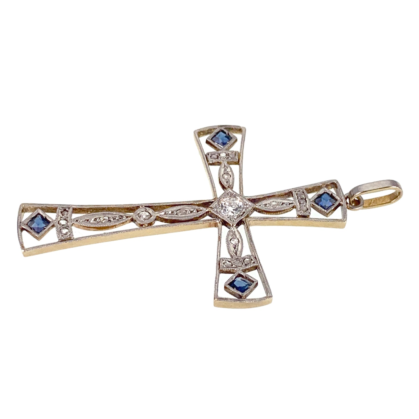 Art Deco 18K, Platinum, Diamond & Sapphire Cross Pendant