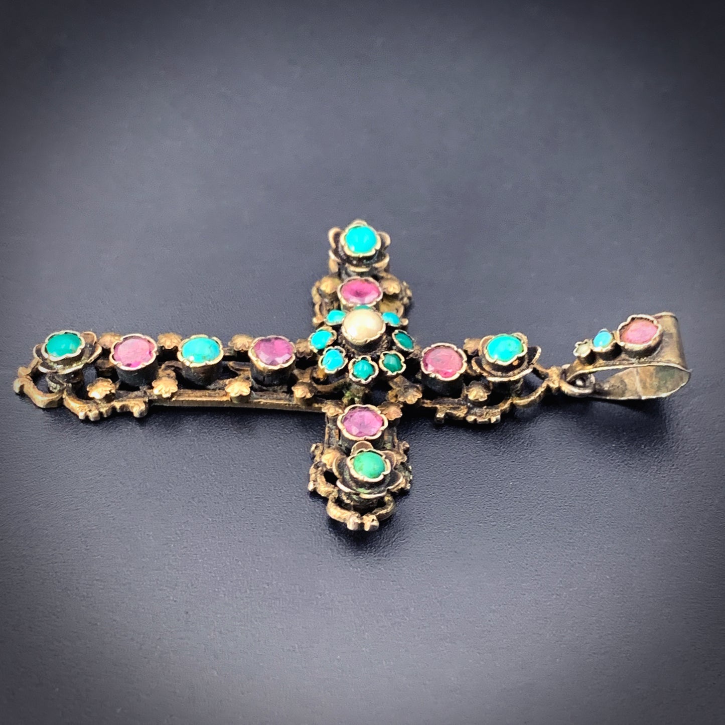 Antique Austro Hungarian Silver, Turquoise, Tourmaline & Pearl Cross Pendant