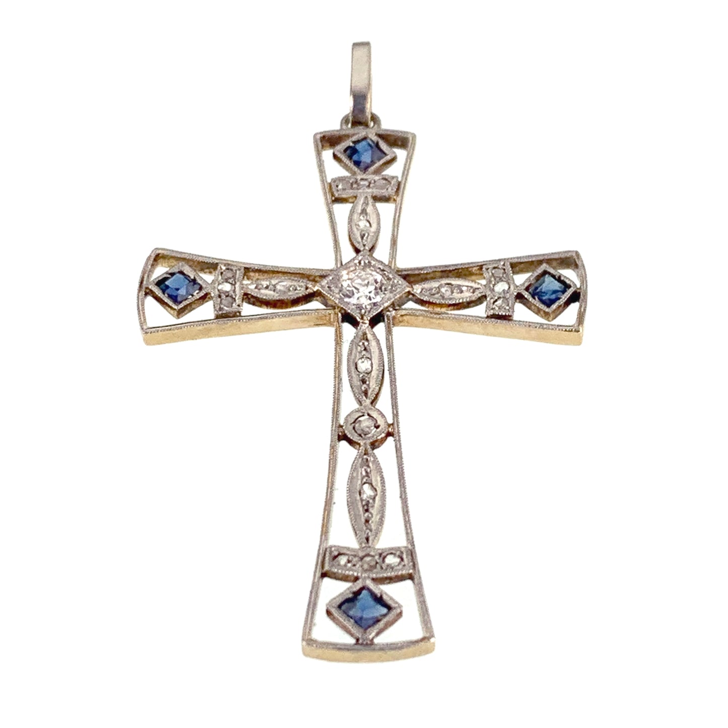 Art Deco 18K, Platinum, Diamond & Sapphire Cross Pendant