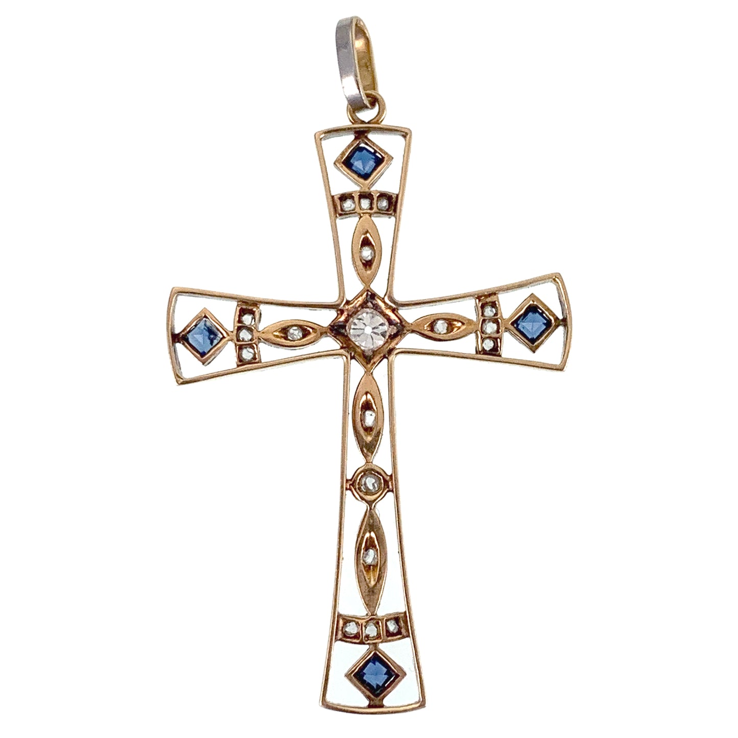 Art Deco 18K, Platinum, Diamond & Sapphire Cross Pendant