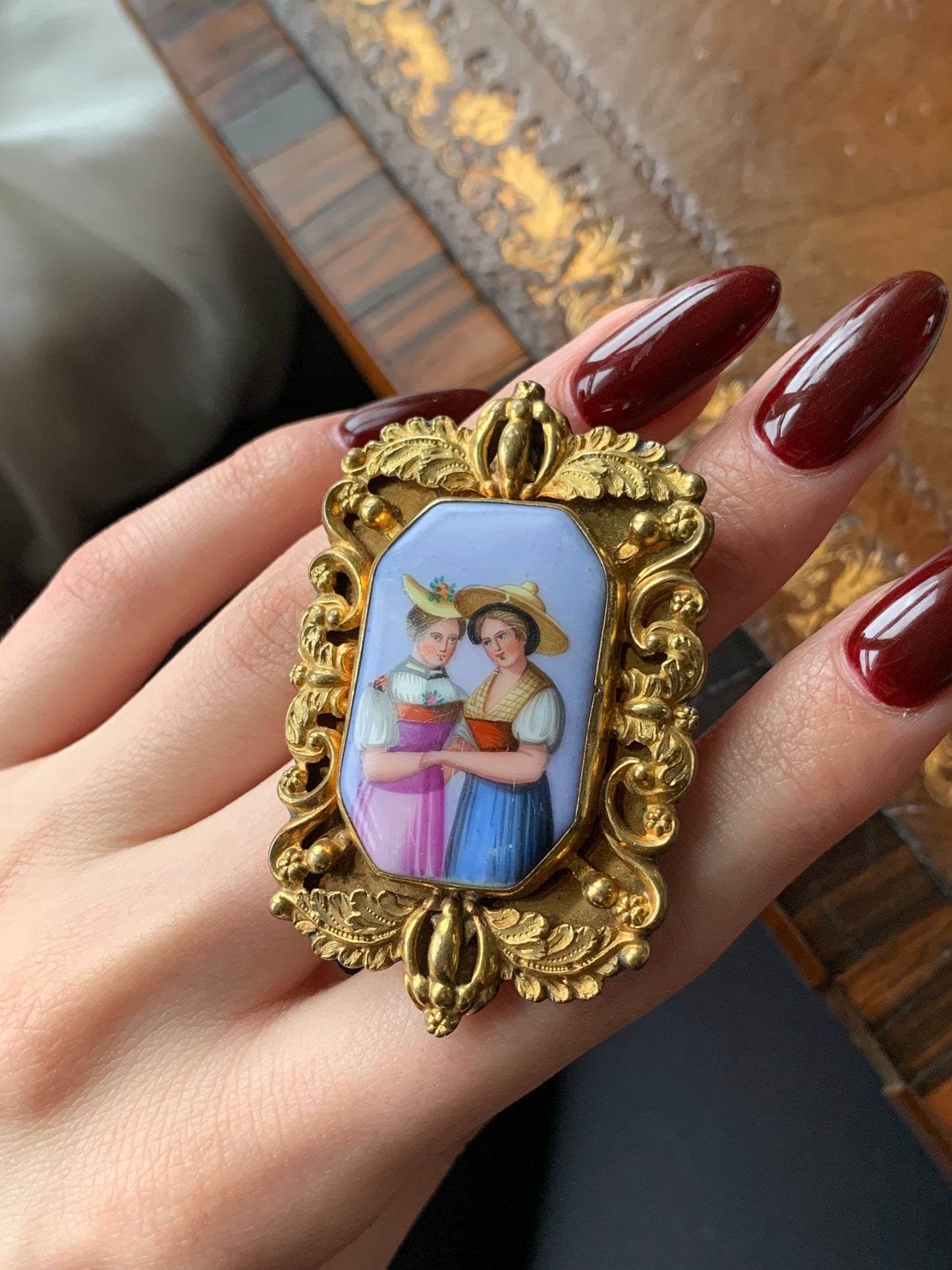 Antique 18K Hand Painted Porcelain Brooch
