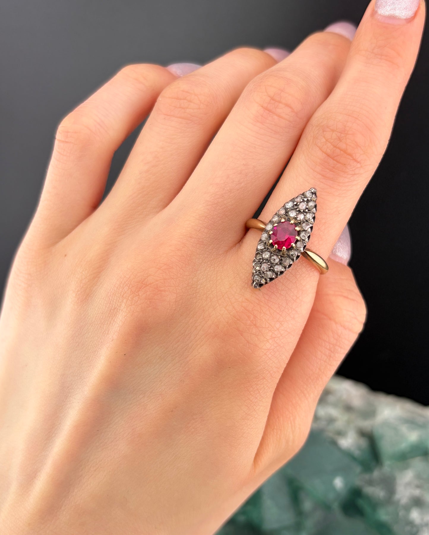 SOLD Antique French 18K, Silver, Diamond & Red Spinel Navette Ring