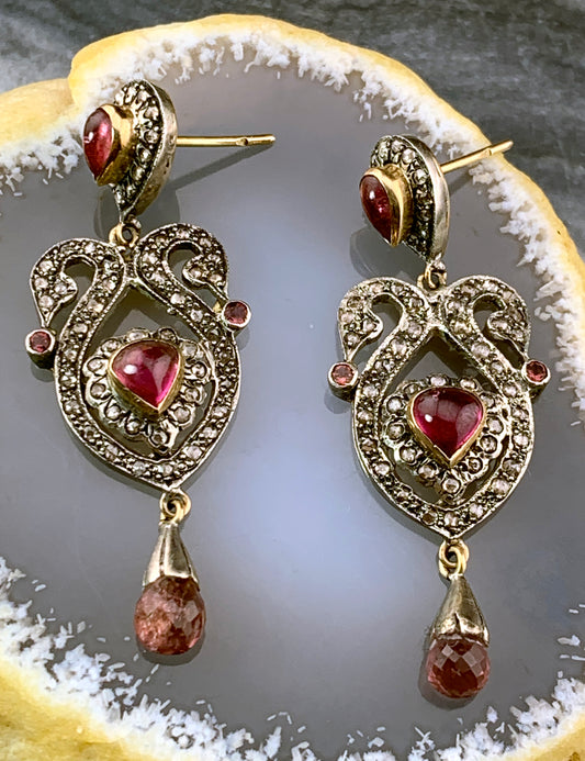 SOLD Antique 14K, Silver, Diamond & Tourmaline Earrings