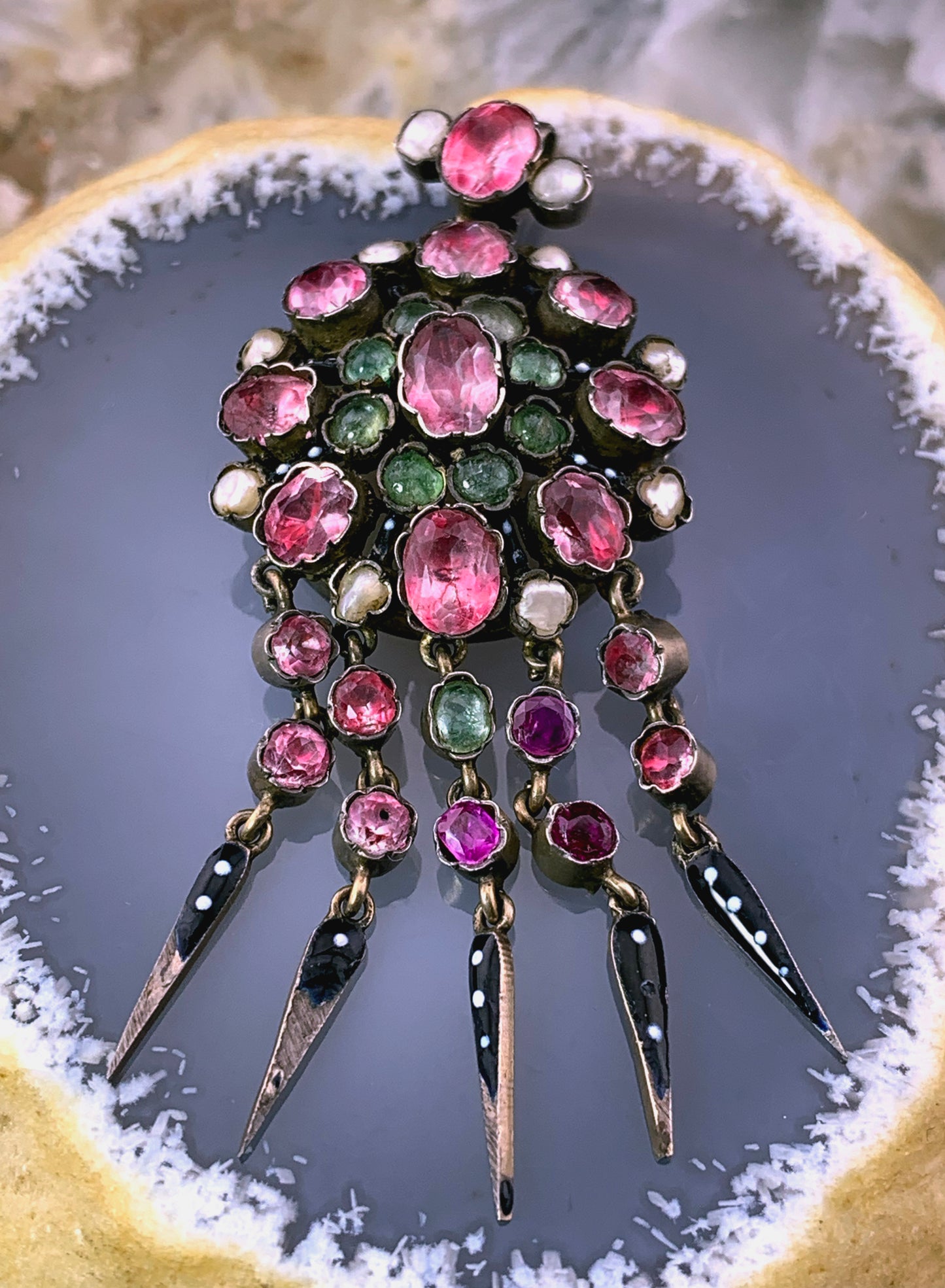 Antique French Silver, Tourmaline, Pearl, Paste & Enamel Locket Back Pendant