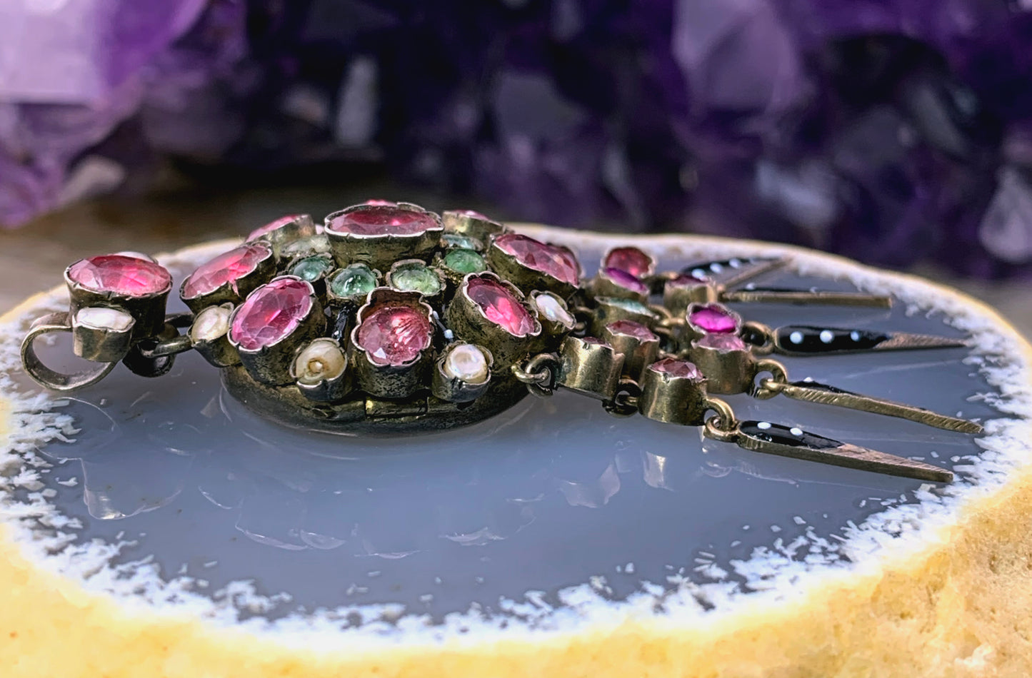 Antique French Silver, Tourmaline, Pearl, Paste & Enamel Locket Back Pendant