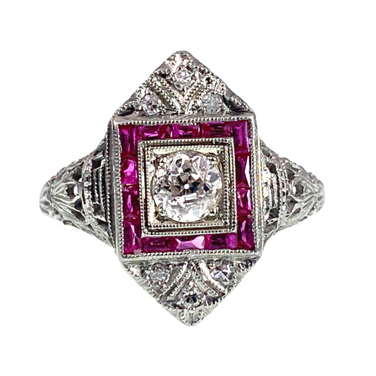 SOLD Antique Art Deco 18K, Diamond & Pink Sapphire Ring