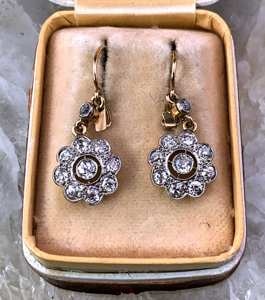 Antique German 14K & Diamond Flower Earrings in Original Box
