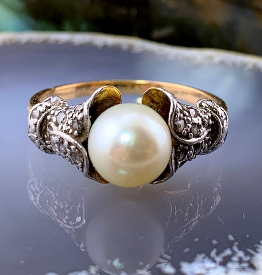 SOLD Antique Art Nouveau 18K, Platinum, Diamond & Akoya Pearl Ring