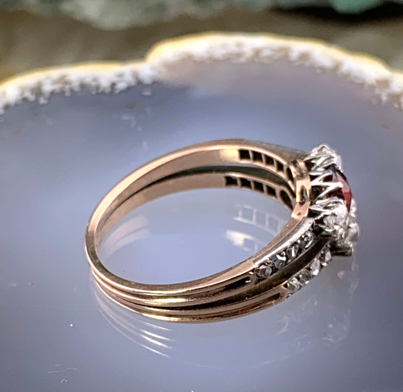 SOLD Antique French 18K, Platinum, Diamond & Spinel Ring