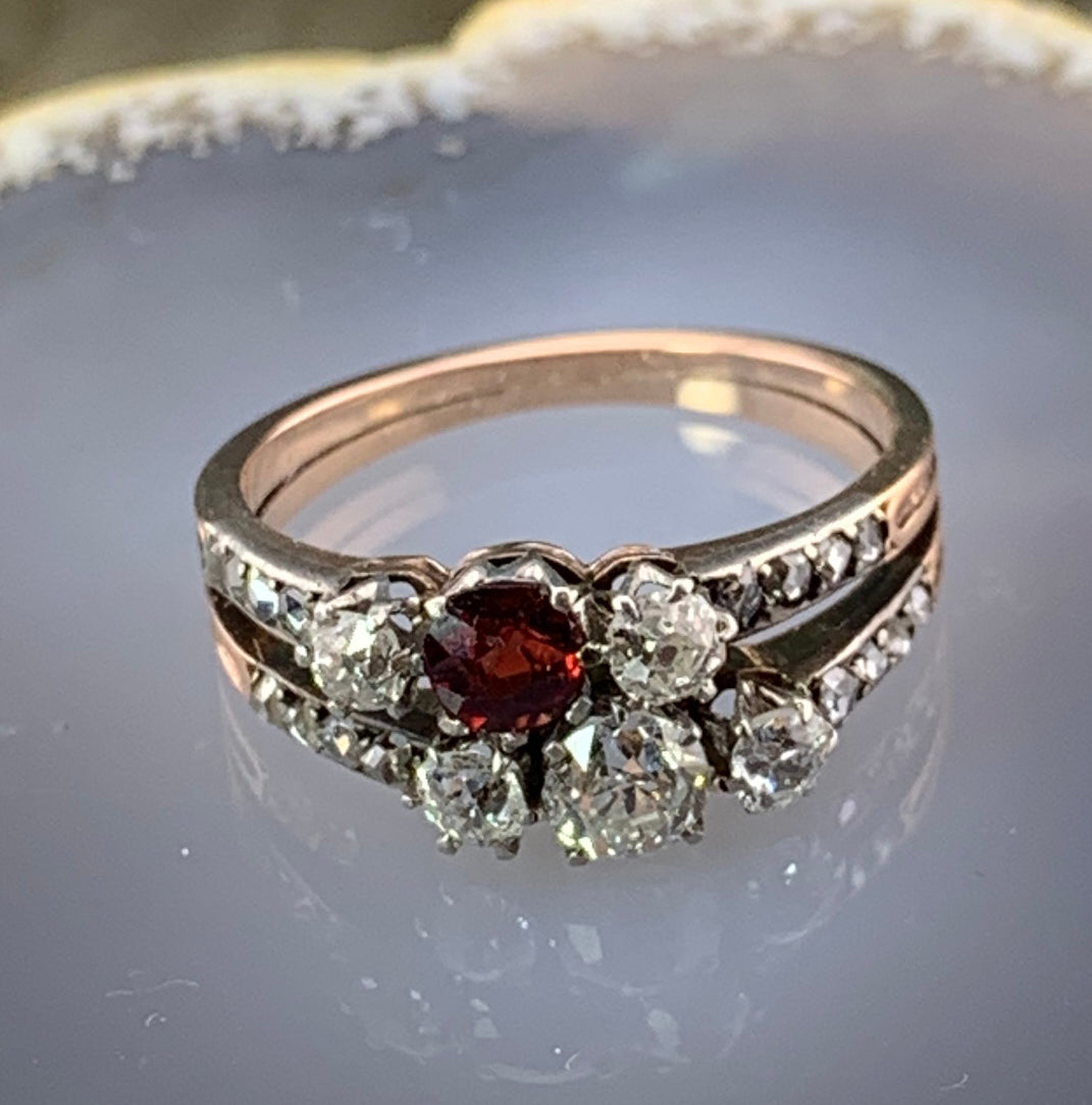 SOLD Antique French 18K, Platinum, Diamond & Spinel Ring