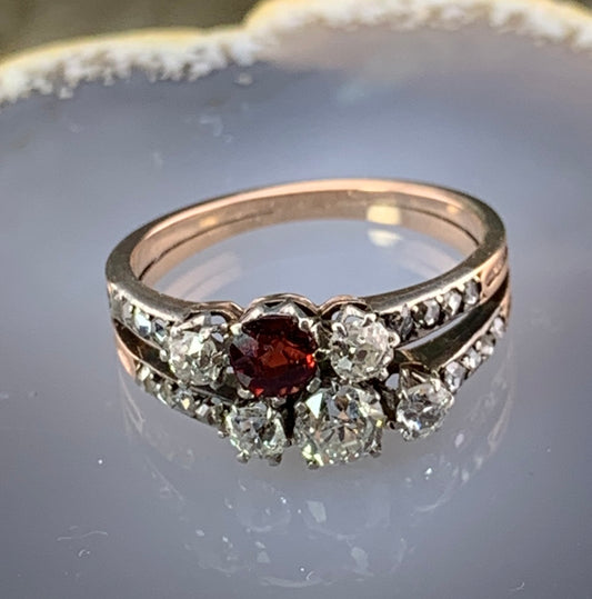 SOLD Antique French 18K, Platinum, Diamond & Spinel Ring