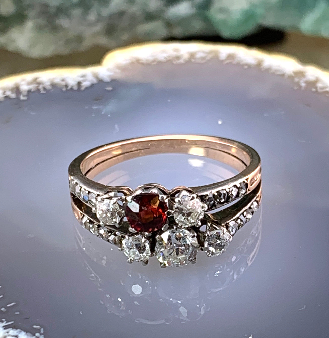 SOLD Antique French 18K, Platinum, Diamond & Spinel Ring