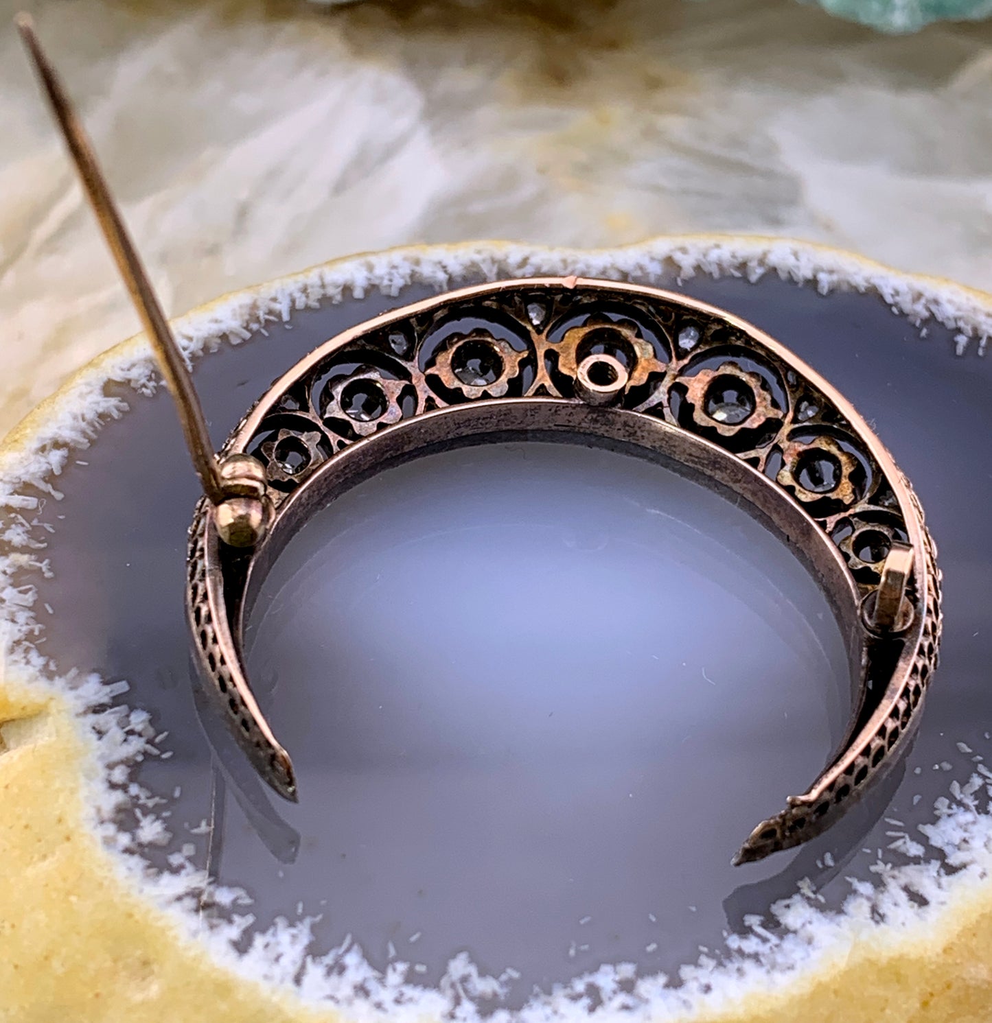 Antique French 18K & Diamond Crescent Moon Brooch