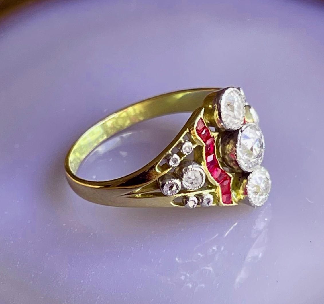 Antique French Belle Epoque 18K, Platinum, Diamond & Ruby Ring