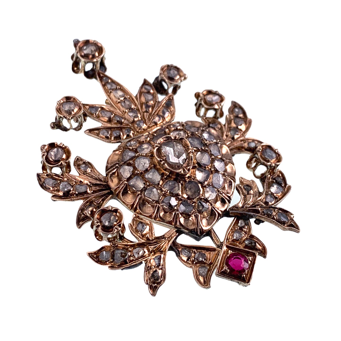 Antique 9K, Diamond & Ruby Brooch
