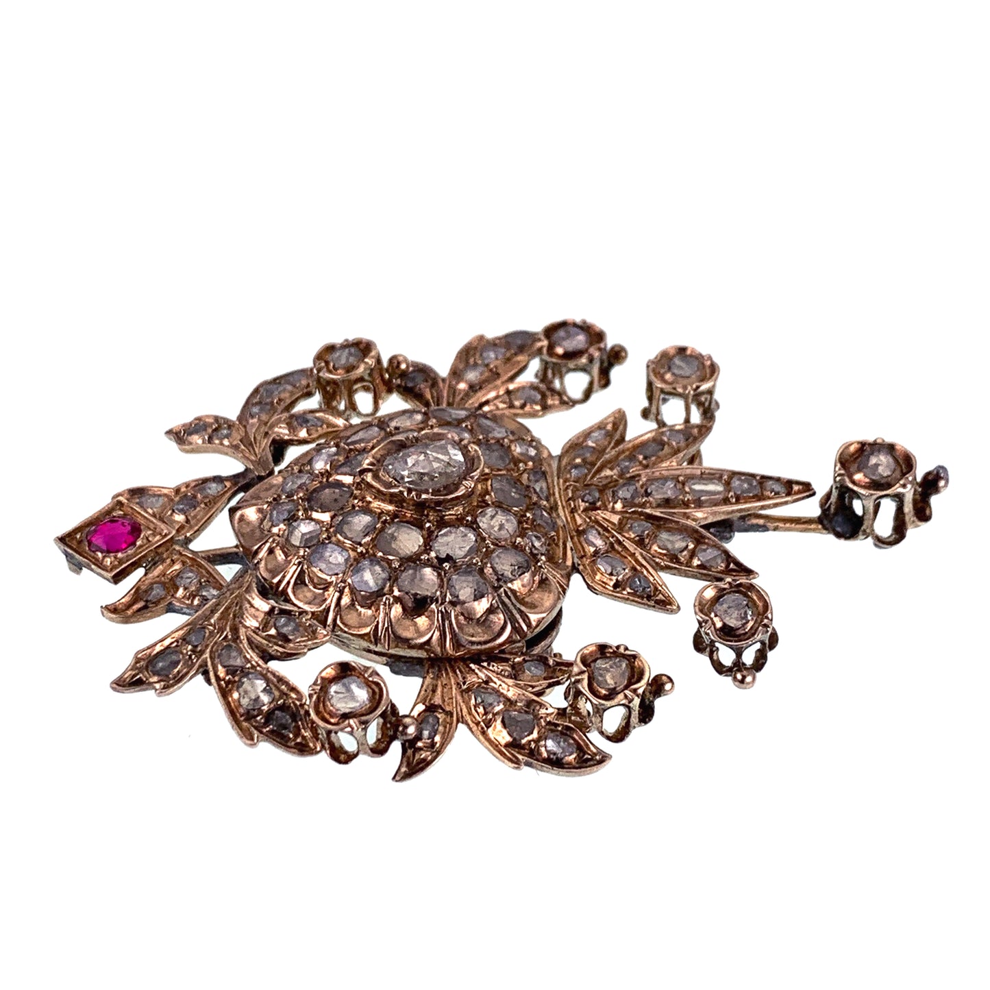 Antique 9K, Diamond & Ruby Brooch