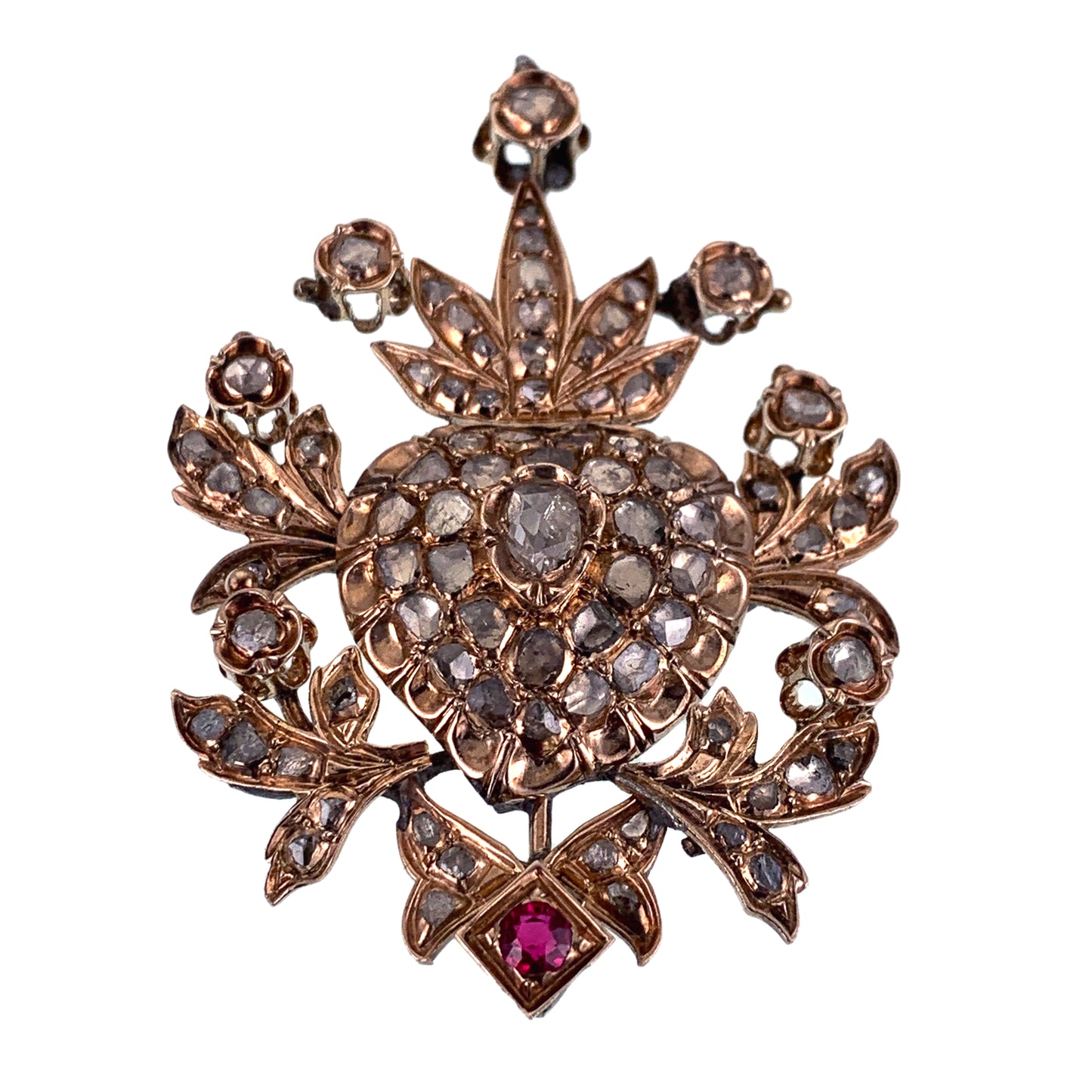 Antique 9K, Diamond & Ruby Brooch