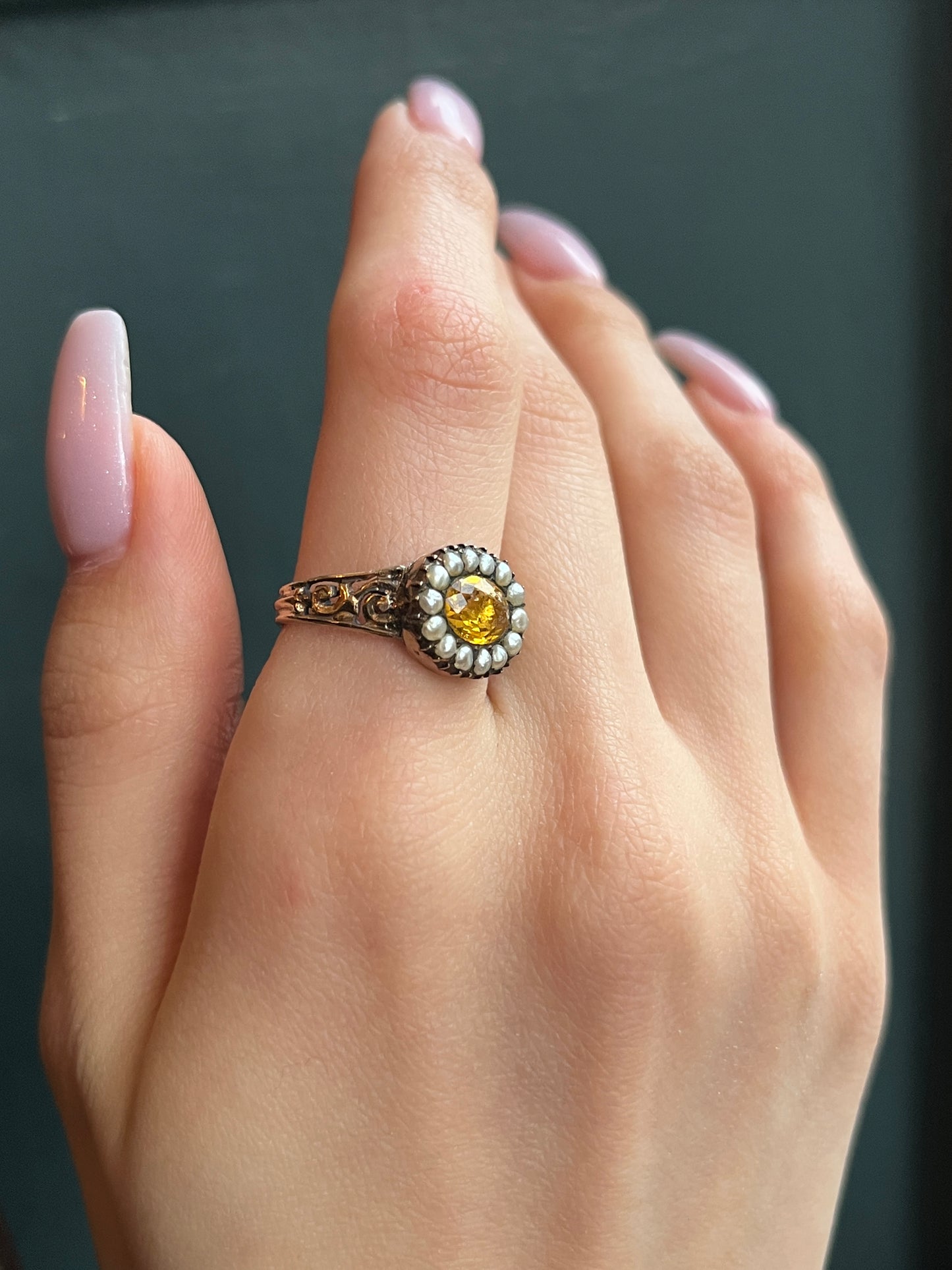 Antique 14K, 12K, Citrine & Seed Pearl Conversion Ring