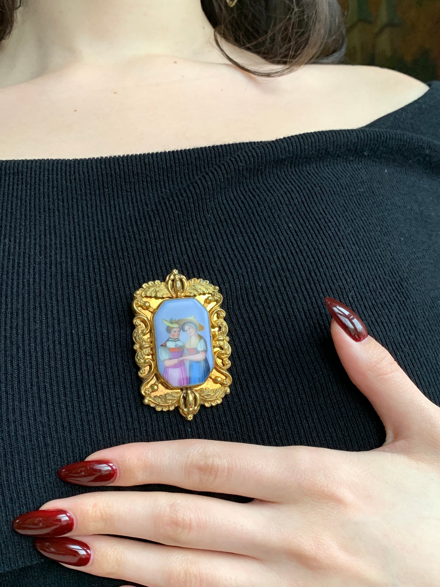 Antique 18K Hand Painted Porcelain Brooch